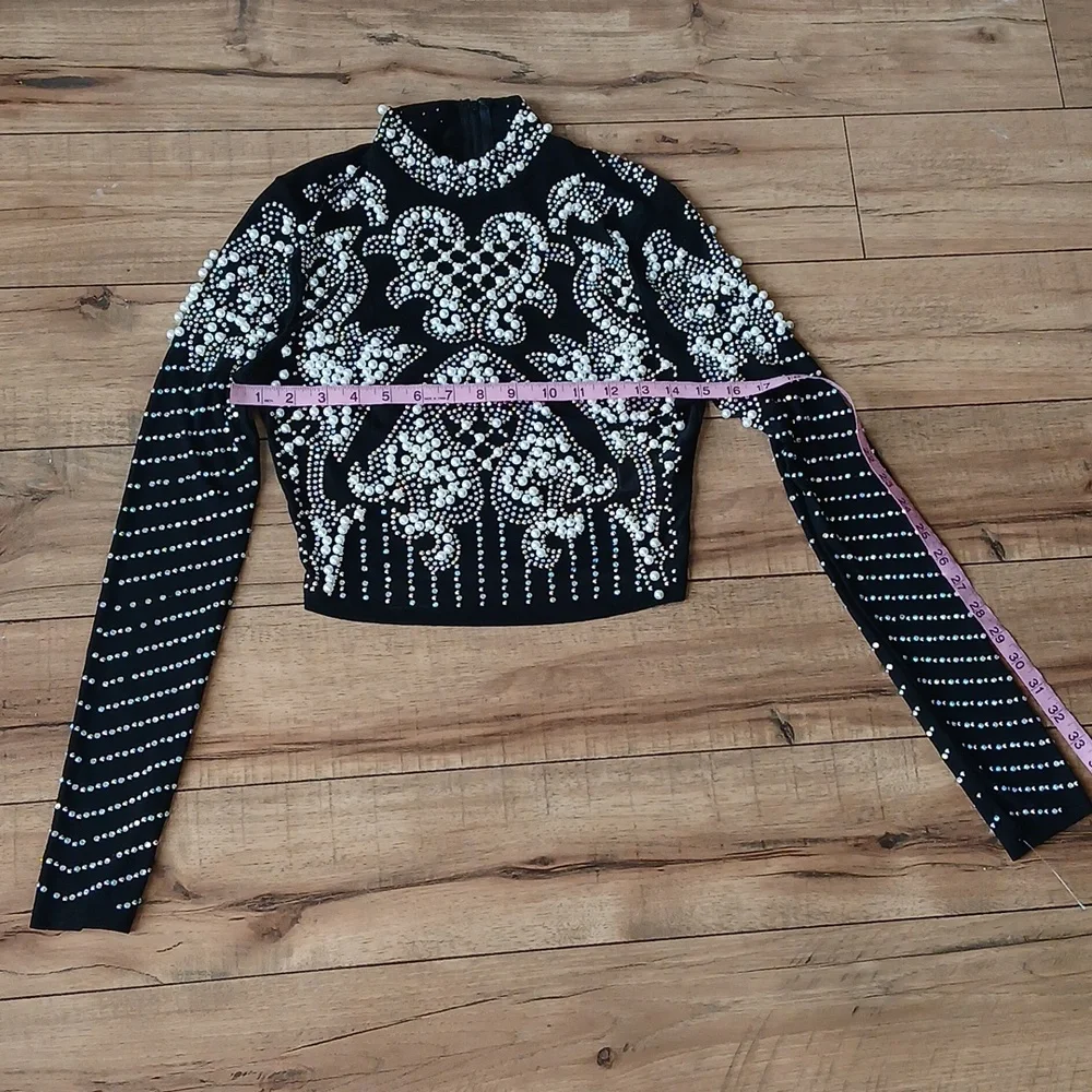 Banjul Black Beaded Long-Sleeve Crop Sheer Cocktail Mock Neck Top. Size M - Picture 16 of 17